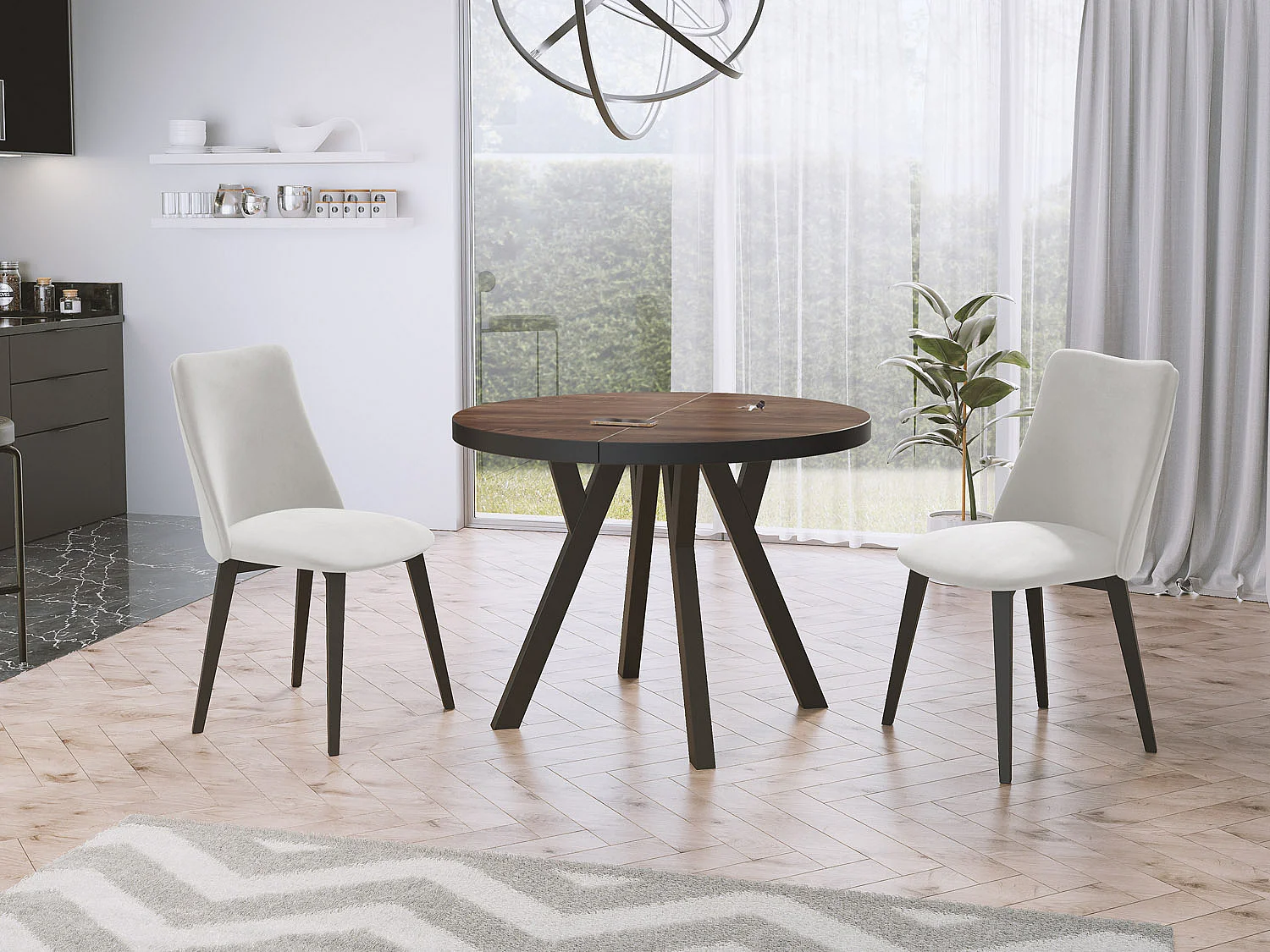 Designer Runder Ausziehbarer Esstisch - Loft-Stil, Platzsparend - Schwarze Beine - 100 bis 150 cm - für 5-8 Personen Hergestellt in EU - Arvadonna Chestnut - 150 cm