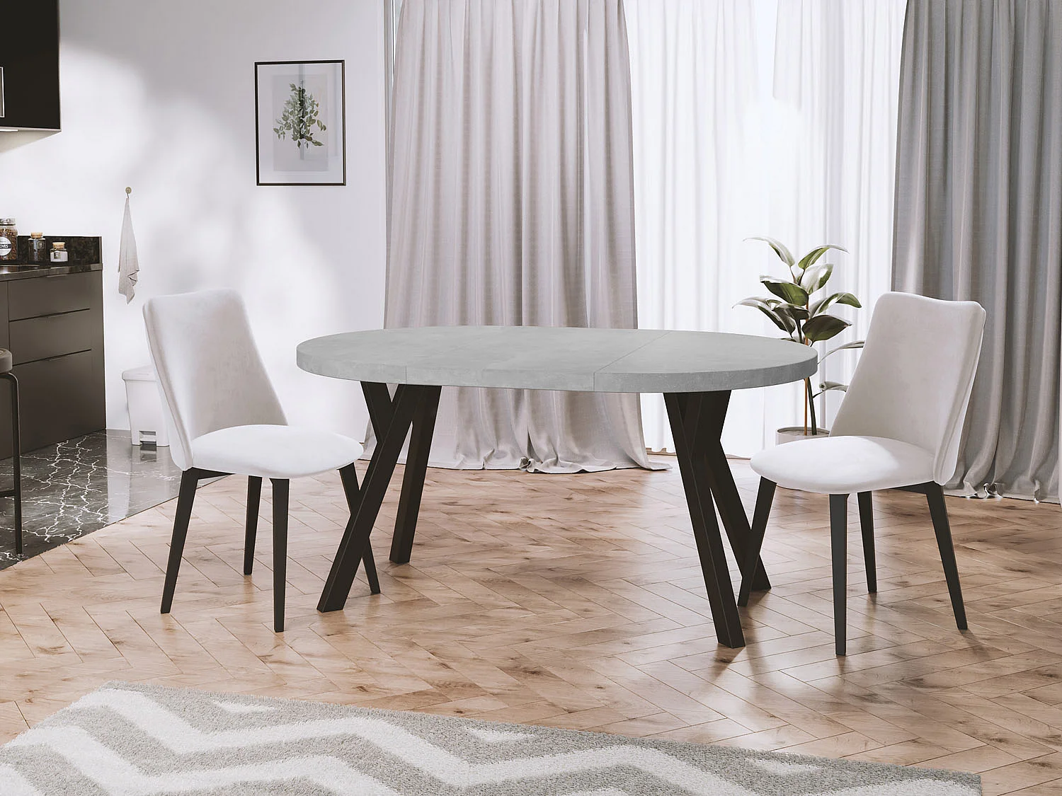 Designer Runder Ausziehbarer Esstisch - Loft-Stil, Platzsparend - Schwarze Beine - 100 bis 150 cm - für 5-8 Personen - Hergestellt in EU - Beton Grau - 150 cm