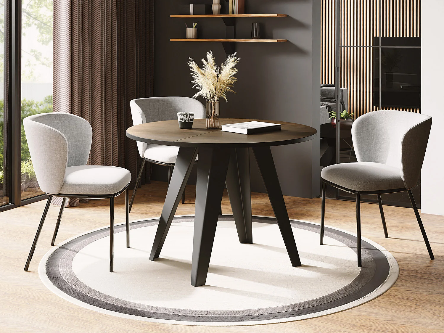 Esstisch Glory im Industriestil - Modern, Rund - Ausziehbar von 100 cm bis 140 cm, Pulverbeschichtete Metallbeine - Lefkas Eiche