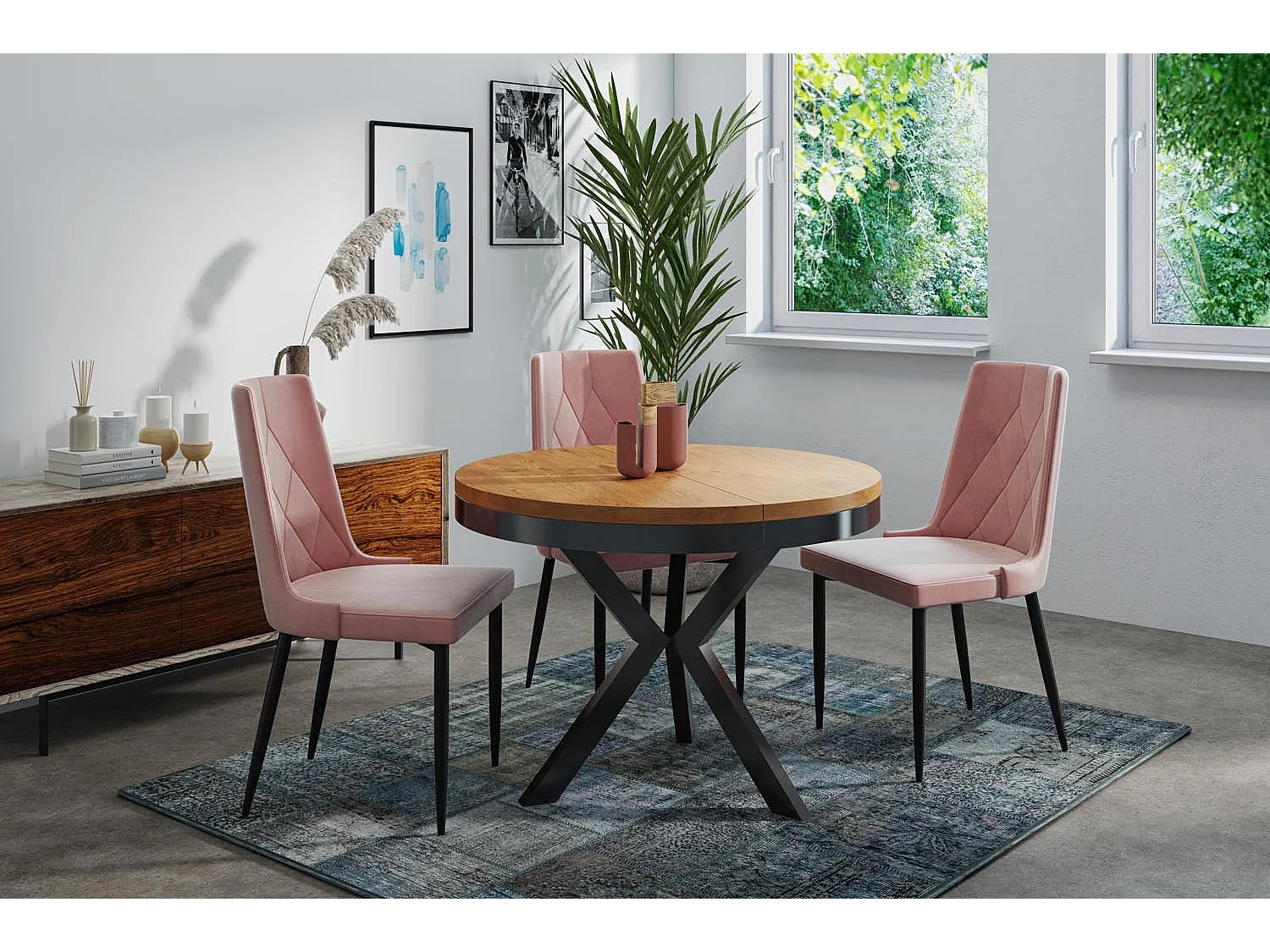 Runder Ausziehbarer Esstisch im Loft-Stil - Industrieller Tisch mit Schwarzen Metallbeinen - Platzsparender Tisch für Wohnzimmer - Lancelot Eiche - 100 bis 140 cm