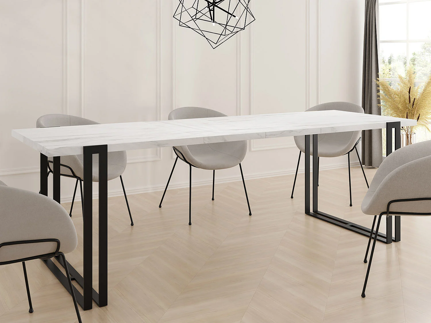 Ausziehbarer Esstisch - Großer Tisch im Loft-Stil mit Schwarzen Metallbeinen 140 bis 240 cm - Industrietisch für das Wohnzimmer - Marmor Weiß - 140 x 80 cm