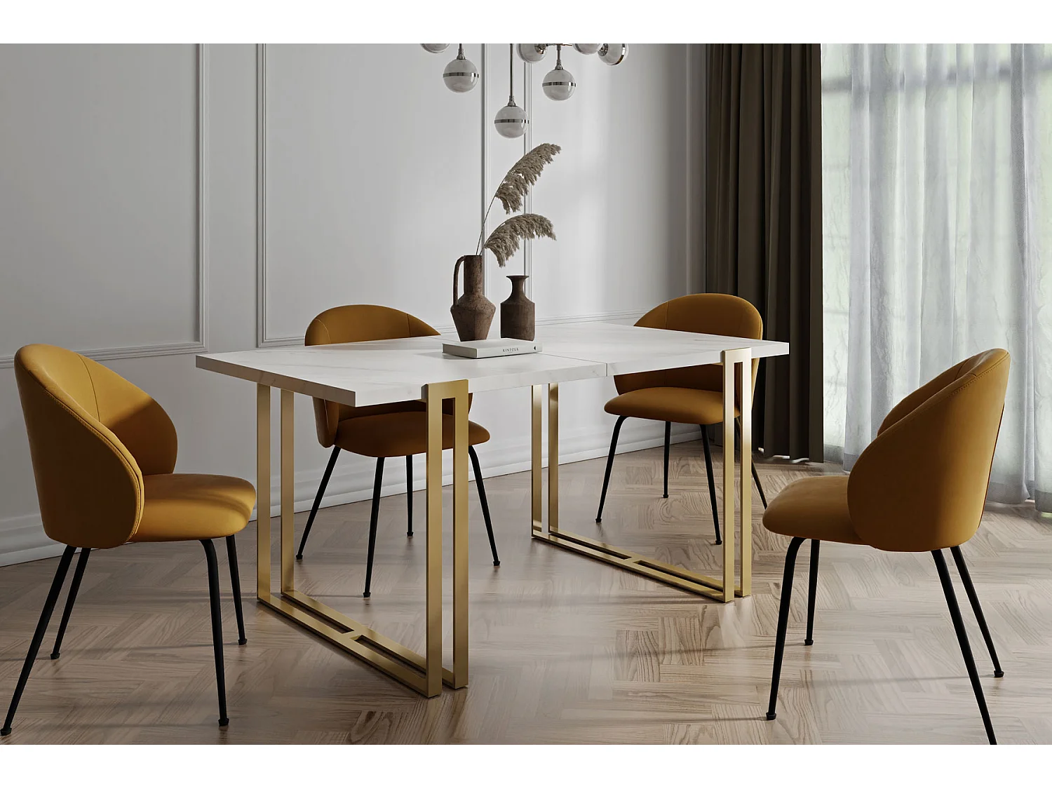 Ausziehbarer Rechteckiger Esstisch im Loft-Stil - Großer Industrietisch mit Goldenen Metallbeinen, 120 bis 220 cm - Platzsparender Konferenztisch - Marmor Weiß