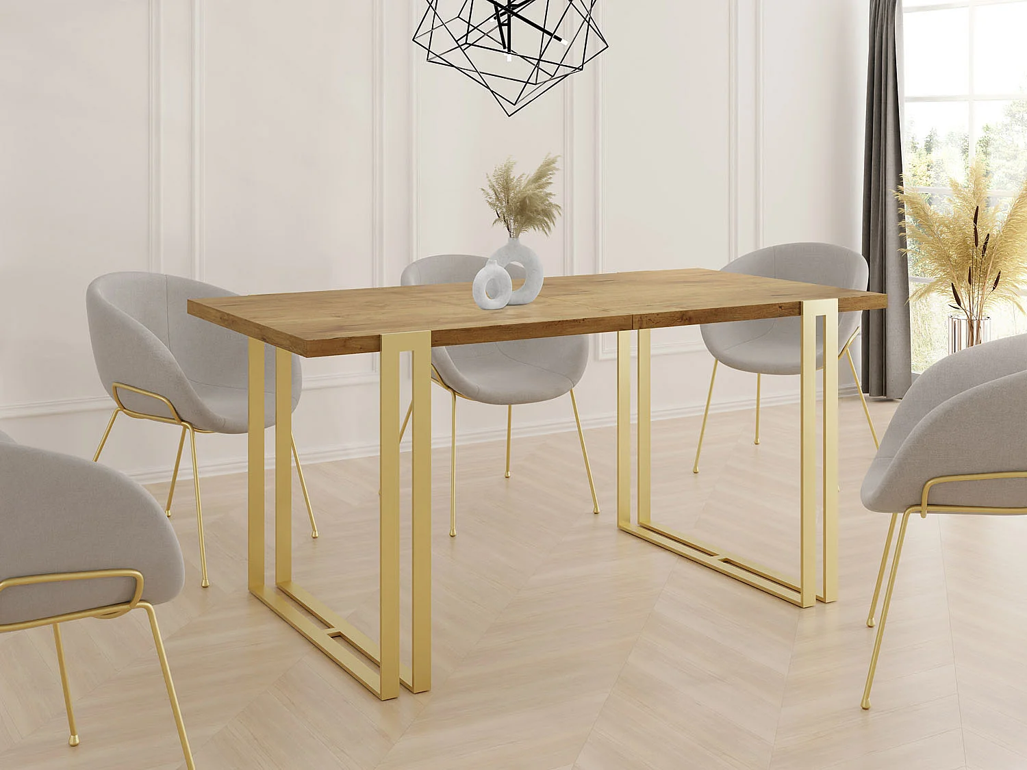 Table à Manger Extensible - Table Style Loft en Métal - Table Style Industriel Pour le Salon - Gain de Place - 120 / 220 cm - Chêne Lancelot/Doré - 120 x 80 cm