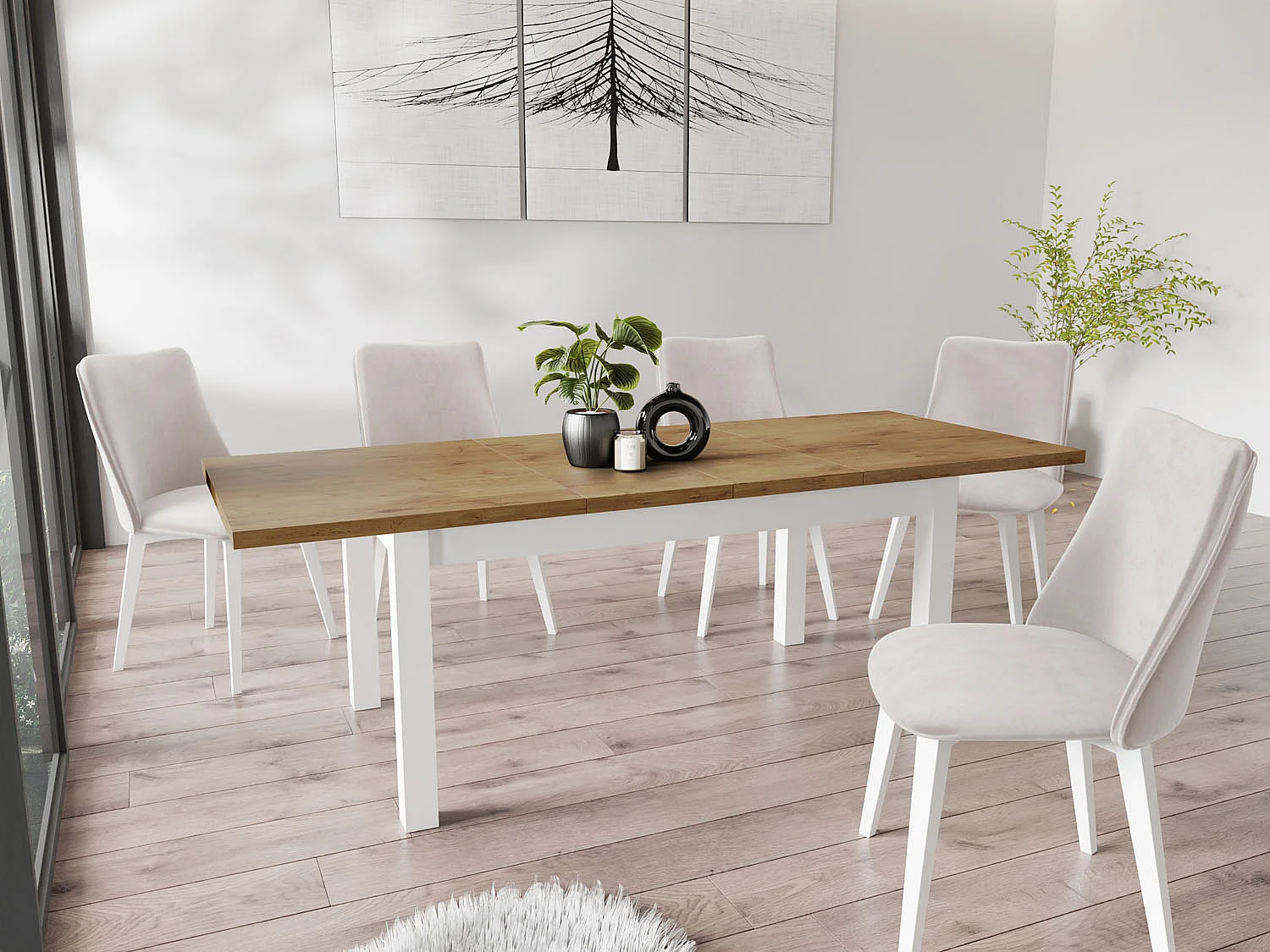 Moderner Rechteckiger Ausziehbarer Esstisch - Platzsparend - Weiße Holzbeine - 160 bis 240 cm - Hergestellt in EU - 160 x 90 cm - Lancelot Eiche