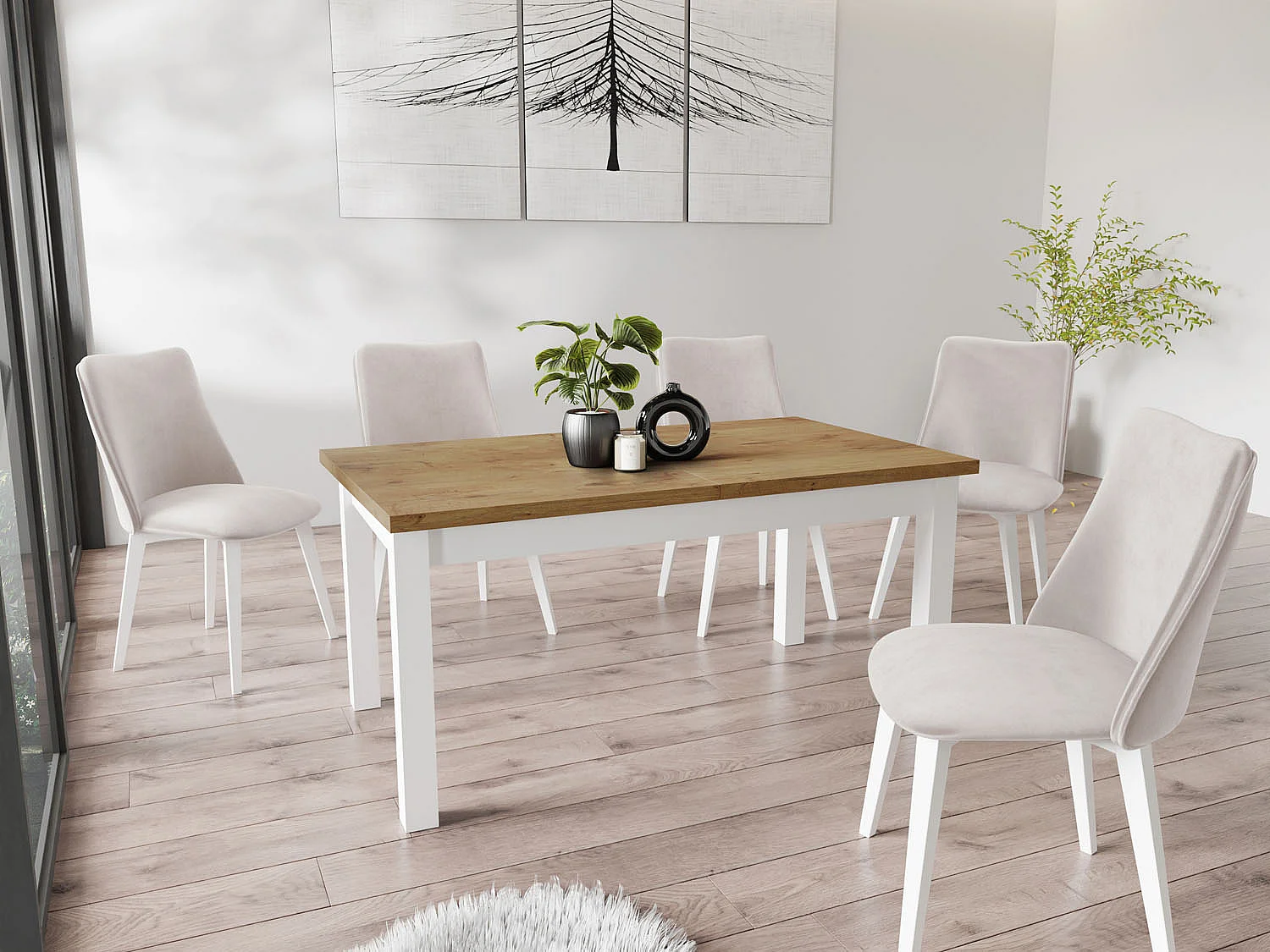 Moderner Rechteckiger Ausziehbarer Esstisch - Platzsparend - Weiße Holzbeine - 160 bis 240 cm - Hergestellt in EU - 160 x 90 cm - Lancelot Eiche