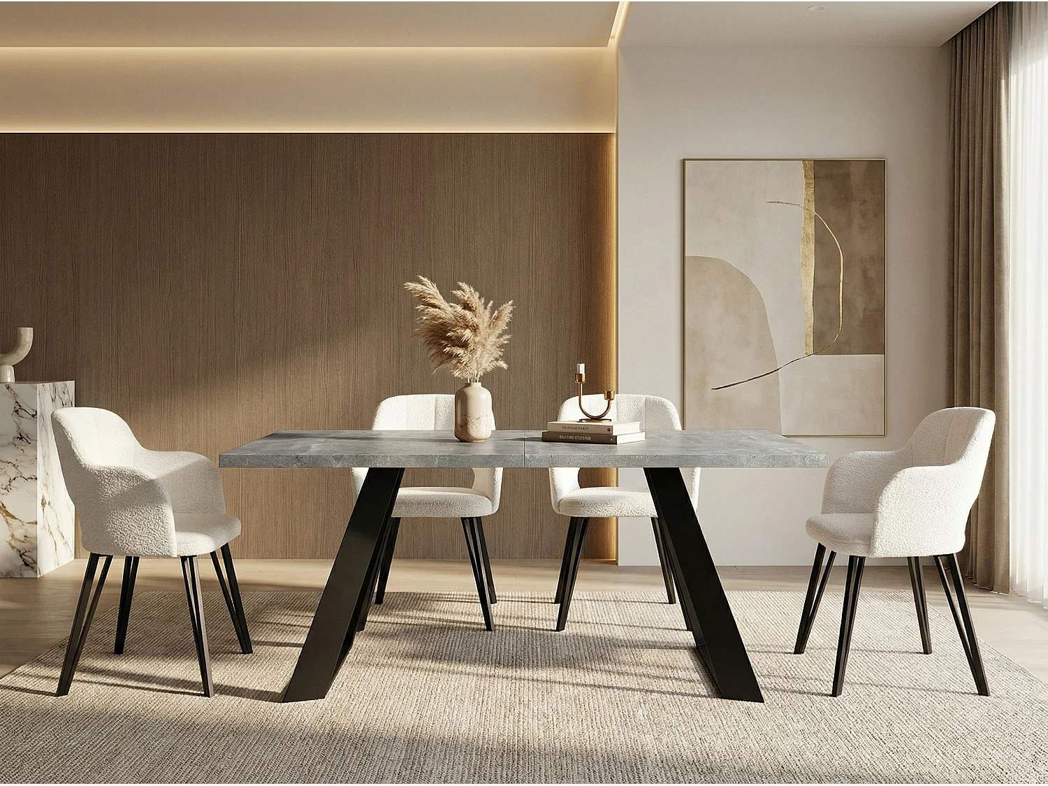 Esstisch Colter Schwarz im Modern Still, Rechteckig Tisch - Ausziehbar von 140 cm bis 240 cm, Pulverbeschichtete Weiße Metallbeine - 140 x 80 cm - Beton Grau