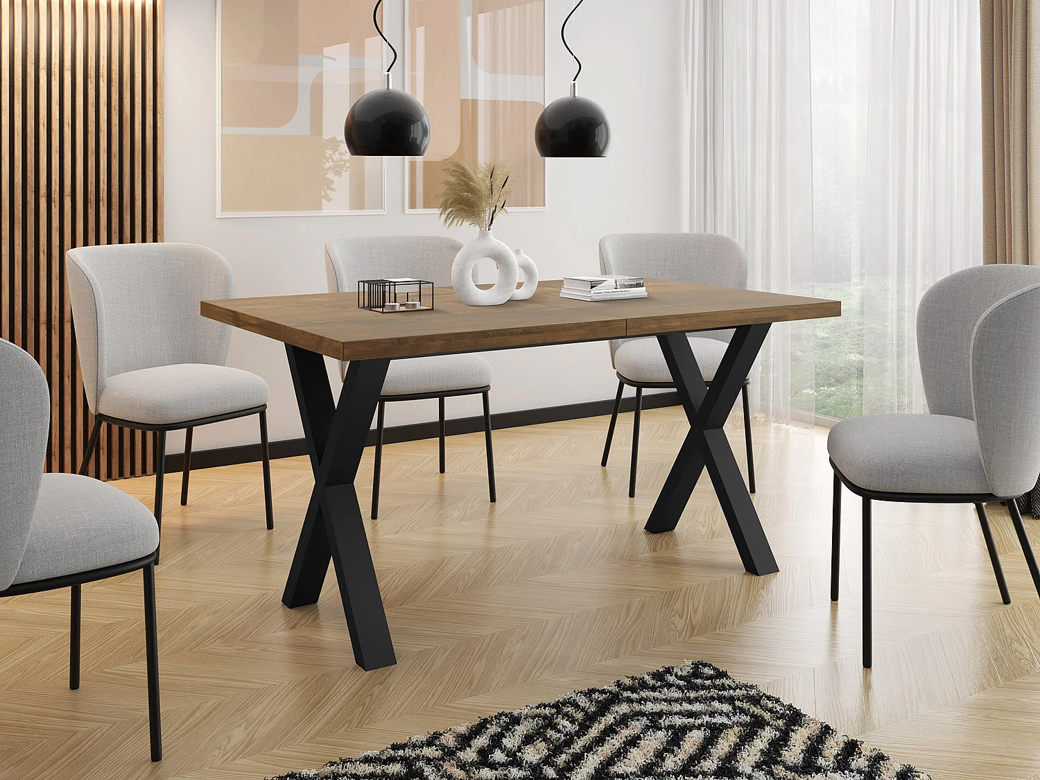 Rechteckiger Ausziehbarer Esstisch - Großer Modern-Stil Tisch mit schwarzen Metallbeinen 120 140 160 cm bis 220 240 260 cm - 160 x 90 cm - Lefkas Eiche