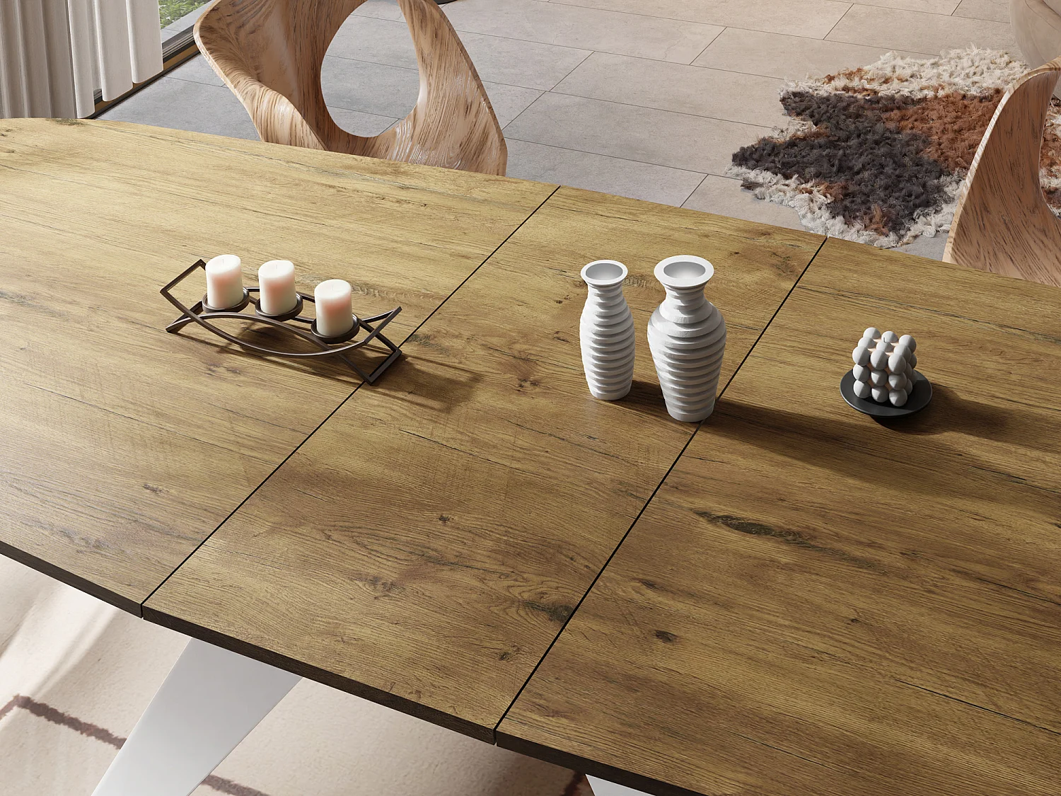 Table à Manger Extensible Style Loft - Table Industrielle avec Pieds Métalliques Blancs - Design Moderne pour Salon - 160 cm extensible à 200 cm - Chêne Lancelot