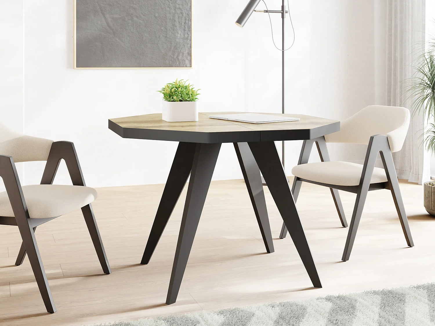 Moderner Runder Ausziehbarer Esstisch Diamond mit Schwarz Holzbeinen – Erweiterbar bis 200 cm, ideal für 4 bis 8 Personen - Loft-Stil Tisch für Küche - Wotan Eiche