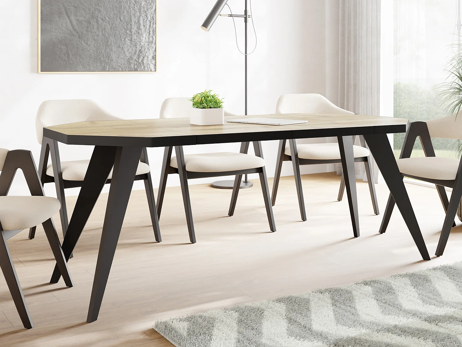 Moderner Runder Ausziehbarer Esstisch Diamond mit Schwarz Holzbeinen – Erweiterbar bis 200 cm, ideal für 4 bis 8 Personen - Loft-Stil Tisch für Küche - Wotan Eiche