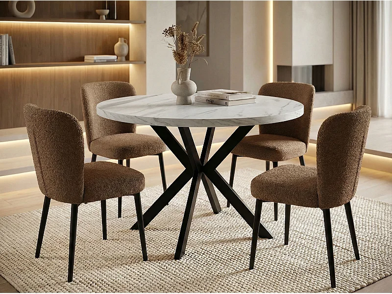 Table à Manger Extensible Ronde - Table Style Loft Avec Pieds Noirs en Métal - 100 à 176 cm - Table Ronde Style Industriel Pour le Salon - Marbre Blanc - 100 cm