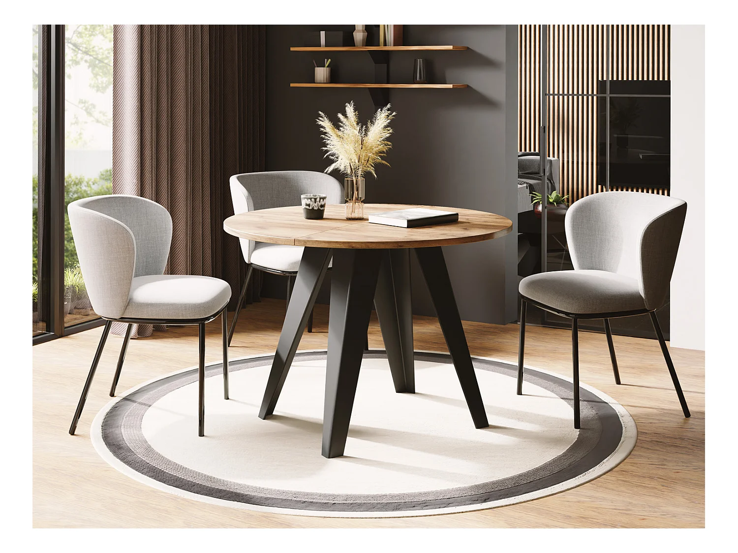 Esstisch Glory im Industriestil - Modern, Rund - Ausziehbar von 100 cm bis 140 cm, Pulverbeschichtete Metallbeine - Craft Eiche