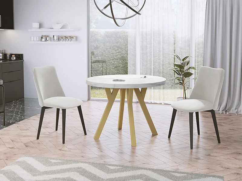 Designer Runder Ausziehbarer Esstisch - Loft-Stil, Platzsparend - Goldene Beine - 100 bis 200 cm - für 6-8 Personen - Hergestellt in EU - Marmor Weiß - 200 cm