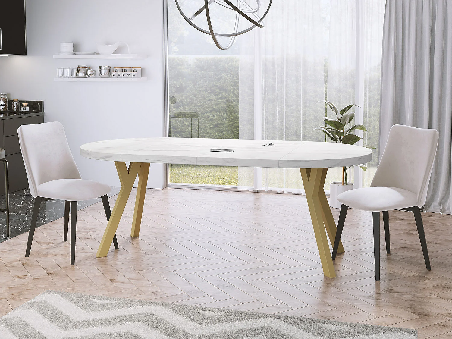 Designer Runder Ausziehbarer Esstisch - Loft-Stil, Platzsparend - Goldene Beine - 100 bis 200 cm - für 6-8 Personen - Hergestellt in EU - Marmor Weiß - 200 cm