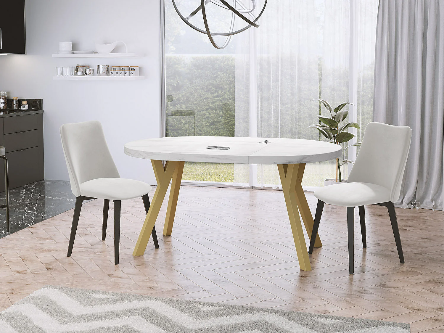 Designer Runder Ausziehbarer Esstisch - Loft-Stil, Platzsparend - Goldene Beine - 100 bis 200 cm - für 6-8 Personen - Hergestellt in EU - Marmor Weiß - 200 cm