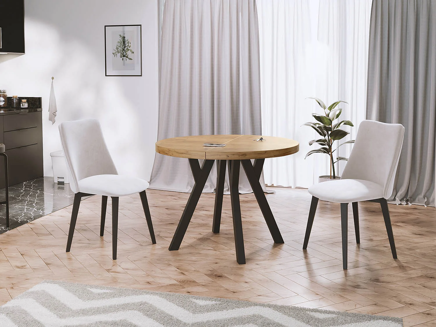 Designer Runder Ausziehbarer Esstisch - Loft-Stil, Platzsparend - Schwarze Beine - 100 bis 150 cm - für 5-8 Personen - Hergestellt in EU - Wotan Eiche - 150 cm