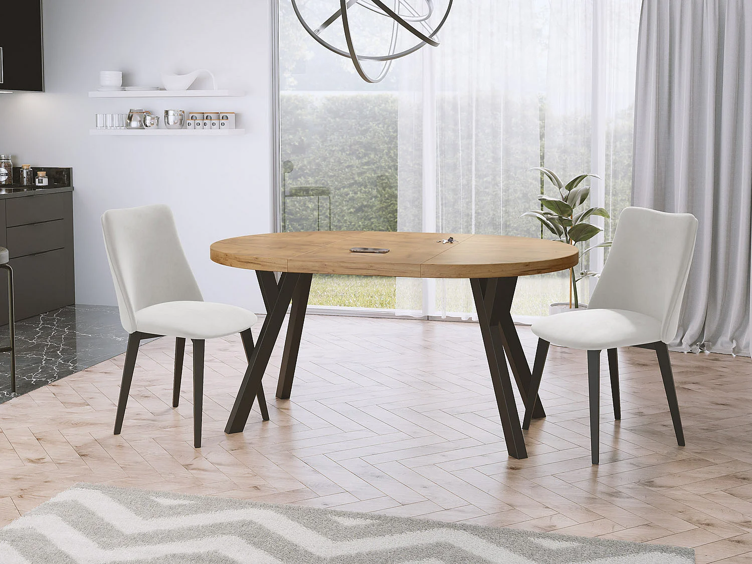 Designer Runder Ausziehbarer Esstisch - Loft-Stil, Platzsparend - Schwarze Beine - 100 bis 150 cm - für 5-8 Personen - Hergestellt in EU - Wotan Eiche - 150 cm