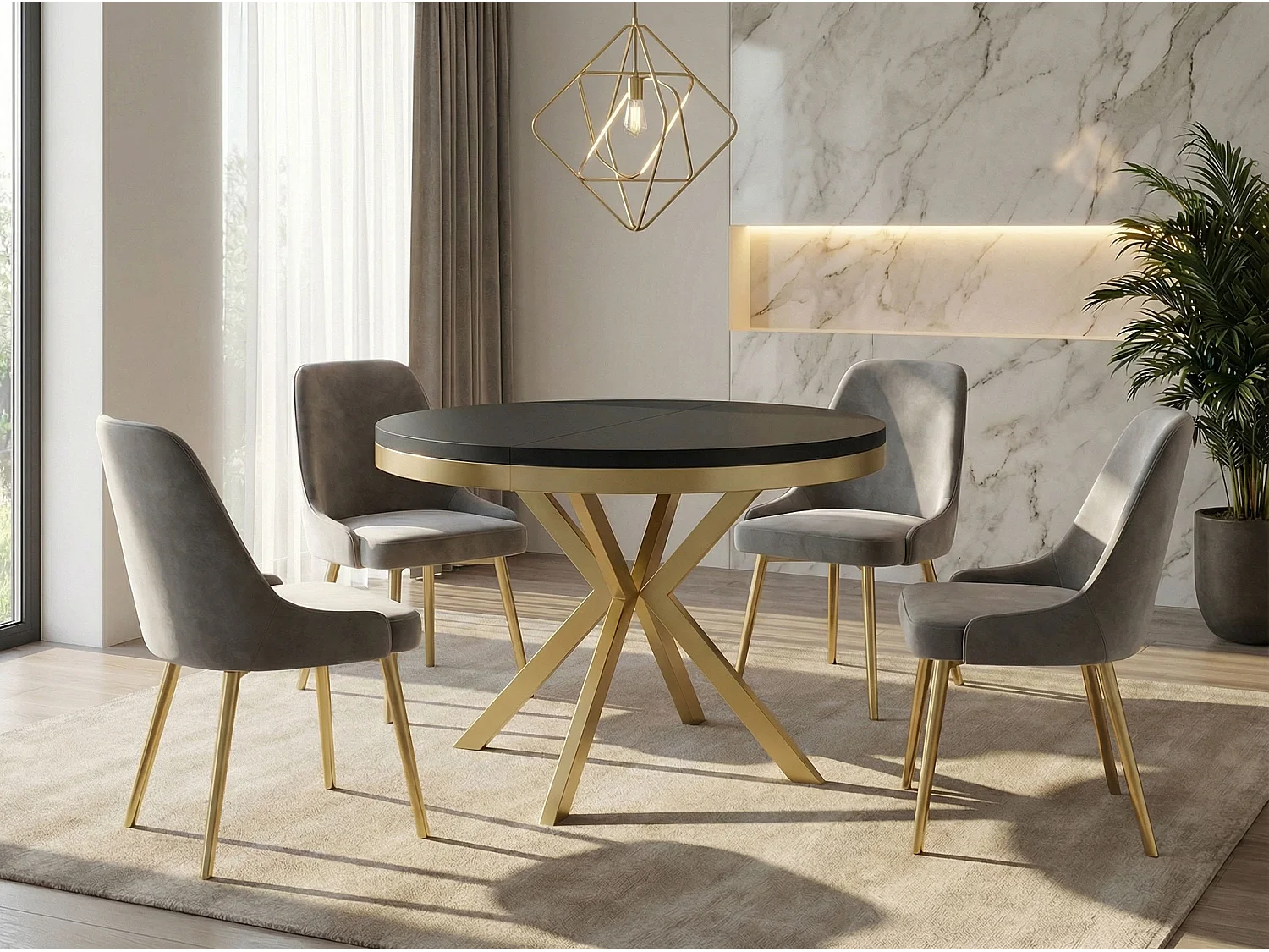 Runder Ausziehbarer Esstisch - Loft Style Tisch mit Goldenen Metallbeinen - 90 bis 170 cm - Industrieller Tisch für Wohnzimmer - Kompakt - 90 cm - Schwarz