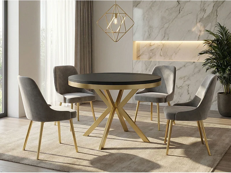 Runder Ausziehbarer Esstisch - Loft Style Tisch mit Goldenen Metallbeinen - 90 bis 170 cm - Industrieller Tisch für Wohnzimmer - Kompakt - 90 cm - Schwarz