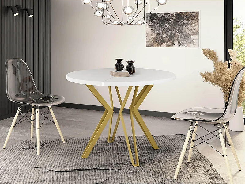 Table Ronde Salle à Manger - 120/196 cm de Diamètre - Table à Rallonges Avec Pieds en Métal Doré - Style Industriel - Compacte - Blanc