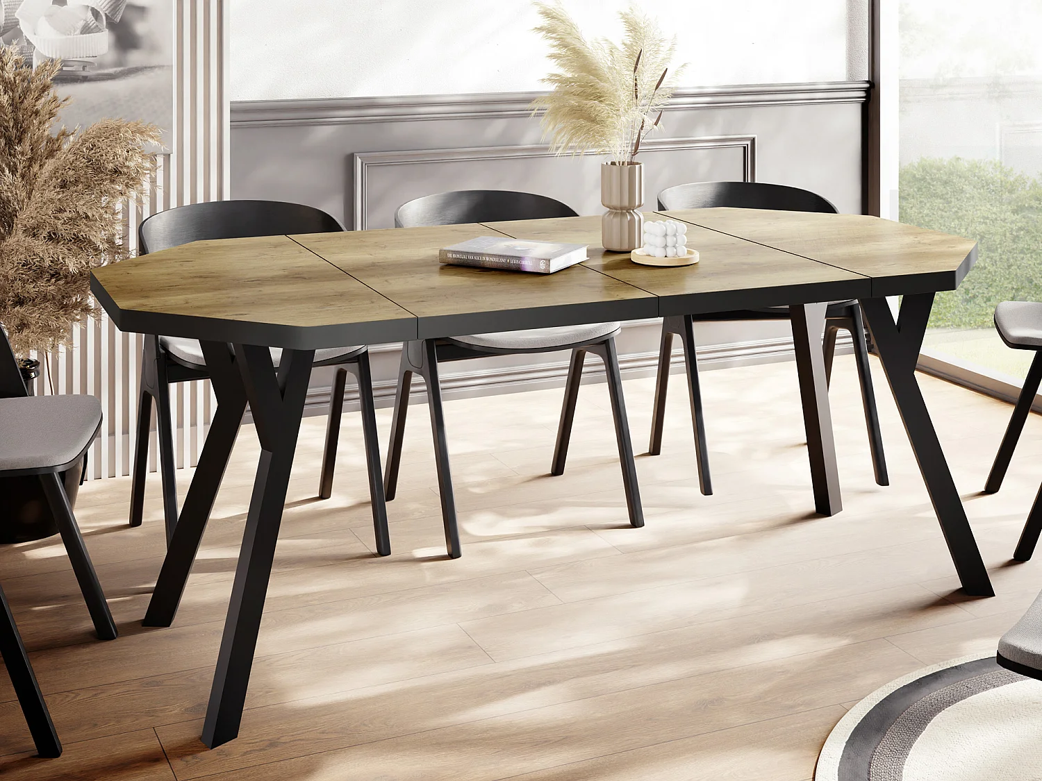 Table à Manger Extensible Moderne avec Pieds Noirs - Plateau en Panneau Stratifié, Style Loft - Chêne Lancelot - 100/200