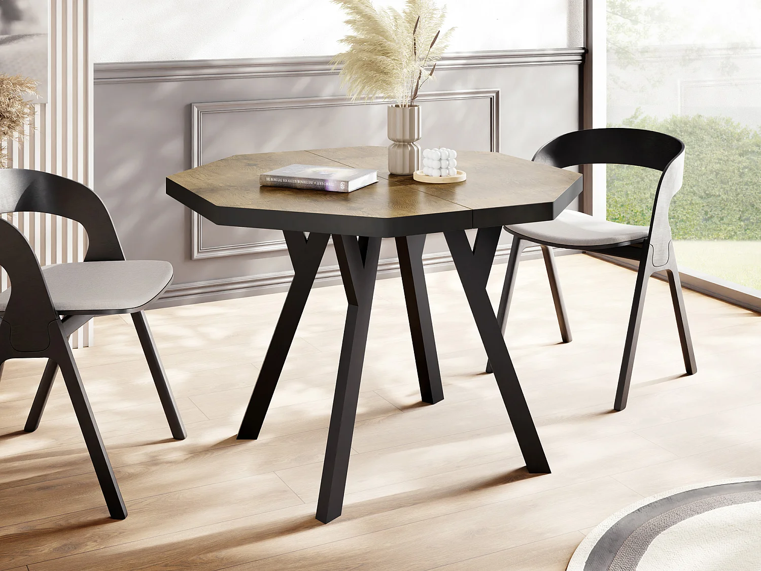 Moderner Runder Ausziehbarer Esstisch Desmond mit Schwarz Holzbeinen – Erweiterbar bis 200 cm Ideal für 4 bis 8 Personen Loft-Stil Tisch für Küche - Lancelot Eiche