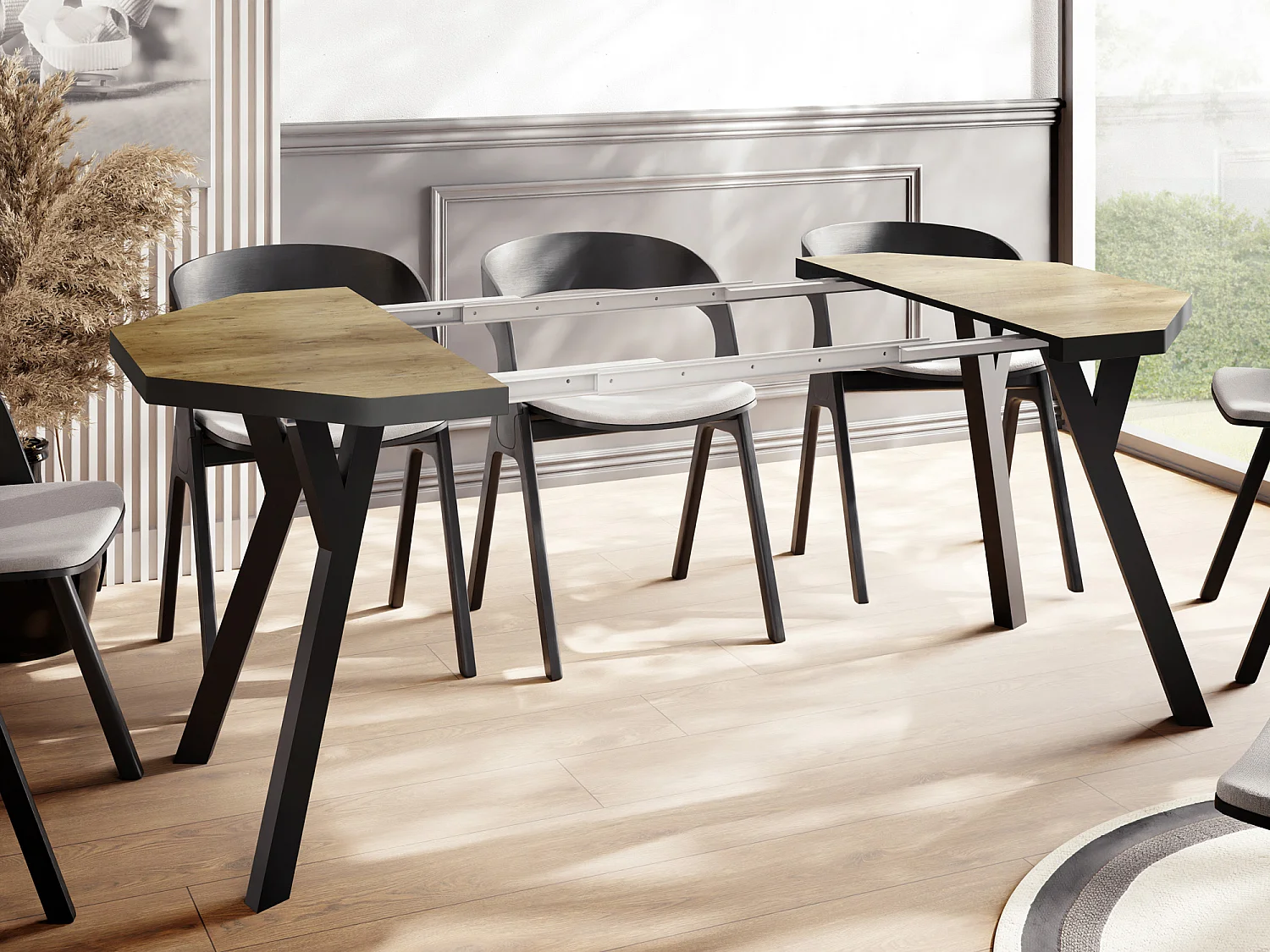 Moderner Runder Ausziehbarer Esstisch Desmond mit Schwarz Holzbeinen – Erweiterbar bis 200 cm Ideal für 4 bis 8 Personen Loft-Stil Tisch für Küche - Lancelot Eiche