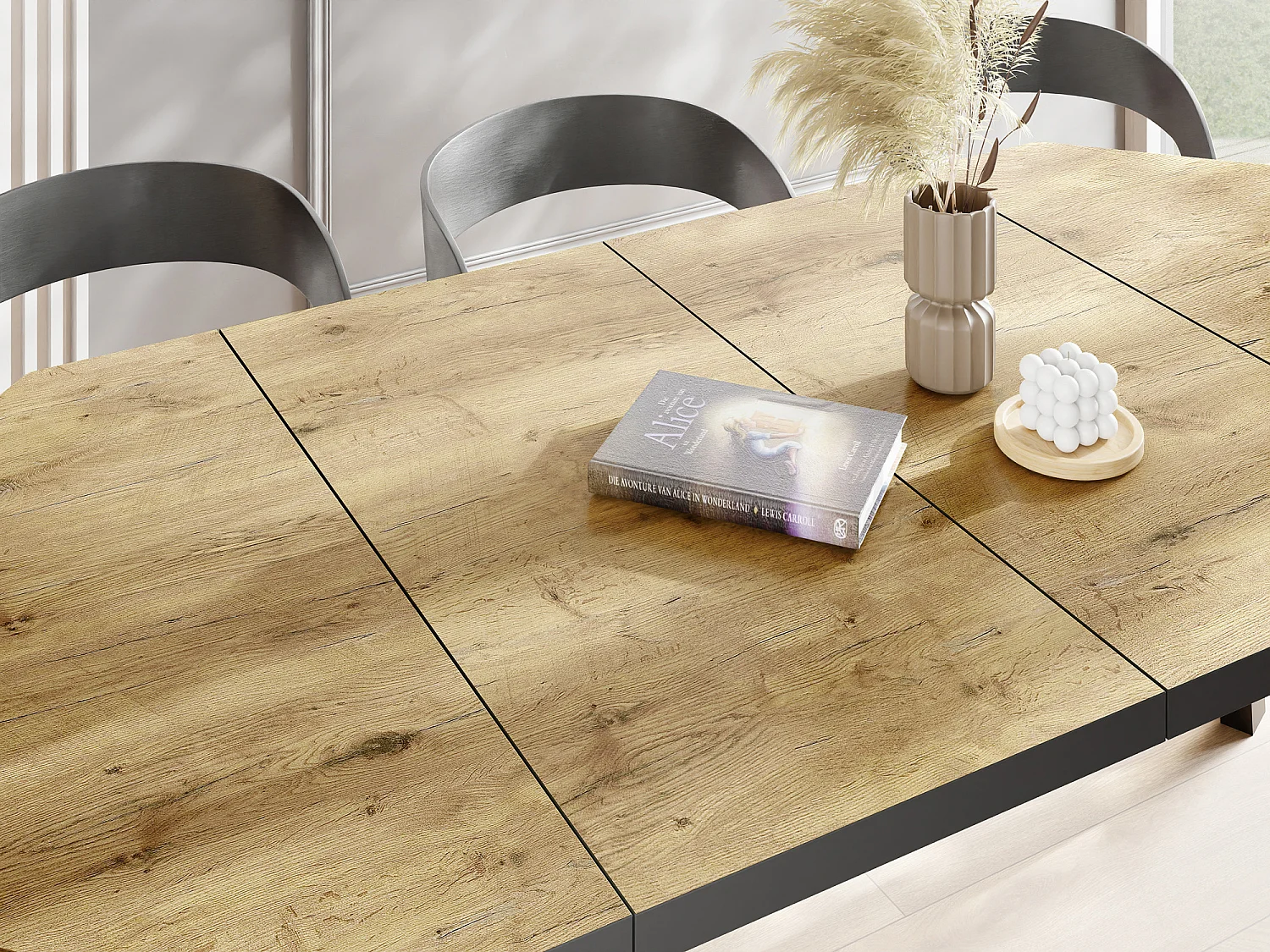 Moderner Runder Ausziehbarer Esstisch Desmond mit Schwarz Holzbeinen – Erweiterbar bis 200 cm Ideal für 4 bis 8 Personen Loft-Stil Tisch für Küche - Lancelot Eiche