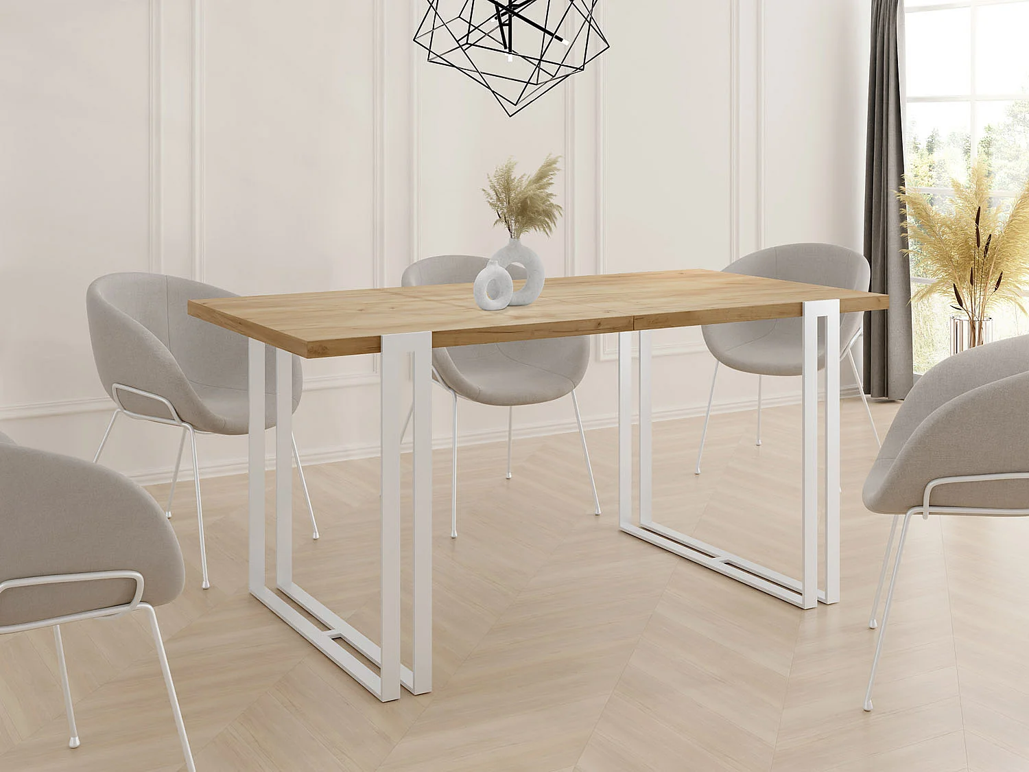 Ausziehbarer Esstisch - Großer Tisch im Loft-Stil mit Weiße Metallbeinen 160 bis 260 cm - Industrietisch für das Wohnzimmer - Craft Eiche - 160 x 90 cm