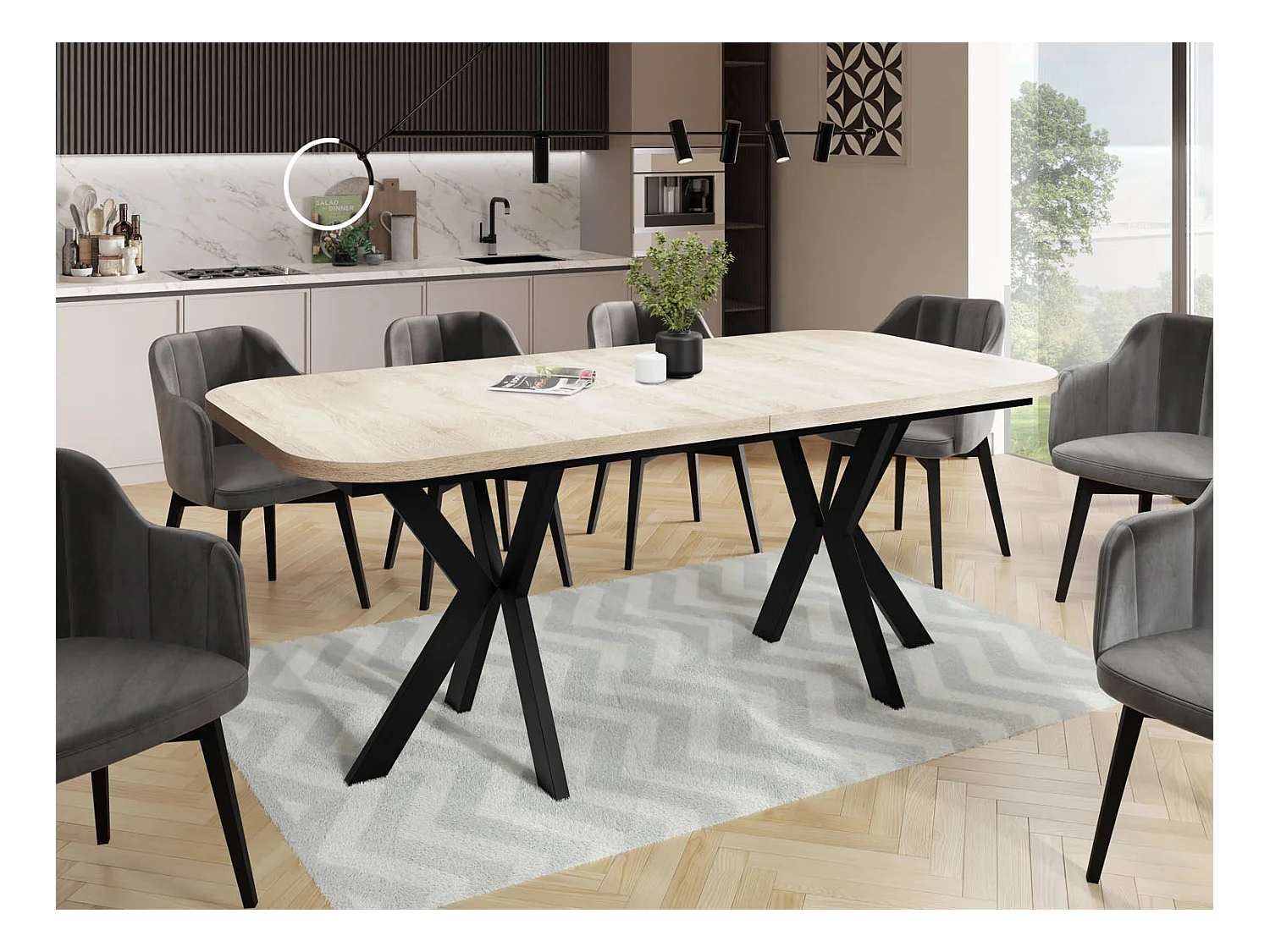 Ausziehbarer Esstisch im Modern-Stil - Rechteckiger Tisch mit Schwarzen Metallbeinen - Industrietisch mit Abgerundeten Ecken - 200 x 100 cm - Sonoma Eiche
