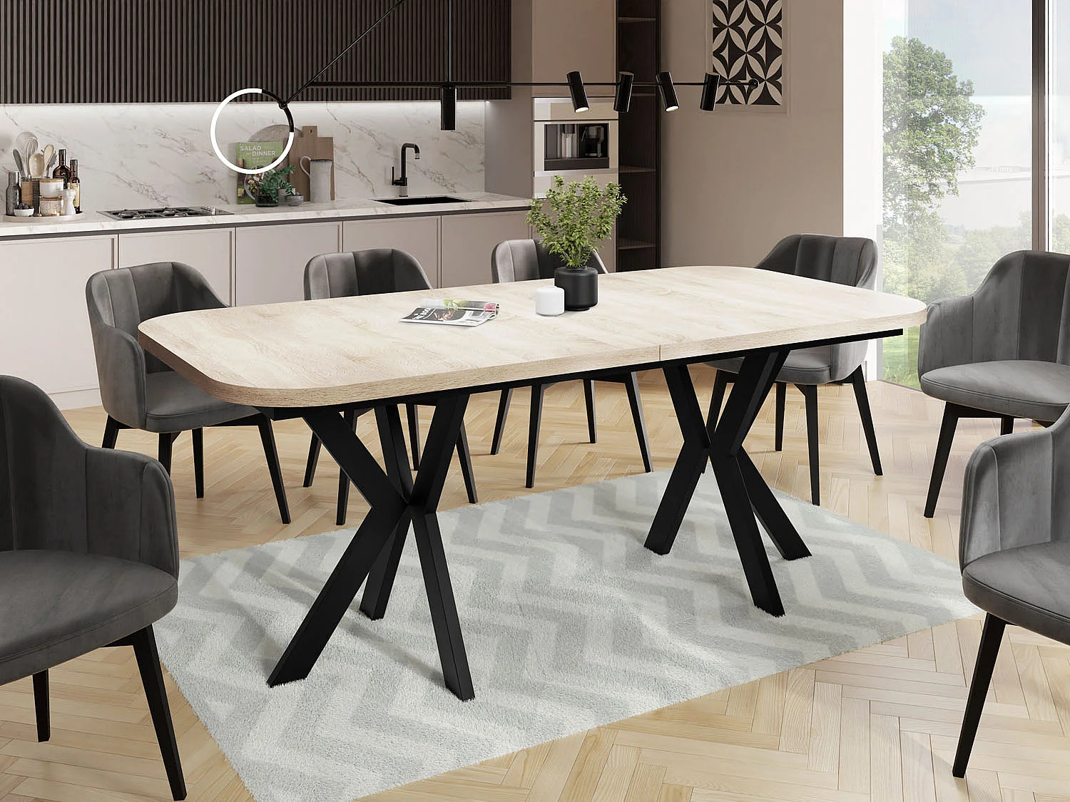 Ausziehbarer Esstisch im Modern-Stil - Rechteckiger Tisch mit Schwarzen Metallbeinen - Industrietisch mit Abgerundeten Ecken - 200 x 100 cm - Sonoma Eiche