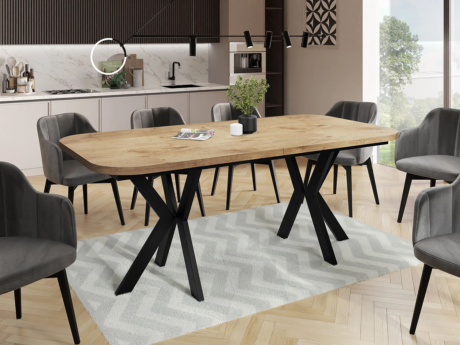 Ausziehbarer Esstisch im Modern-Stil - Rechteckiger Tisch mit Schwarzen Metallbeinen - Industrietisch mit Abgerundeten Ecken - 200 x 100 cm - Lancelot Eiche