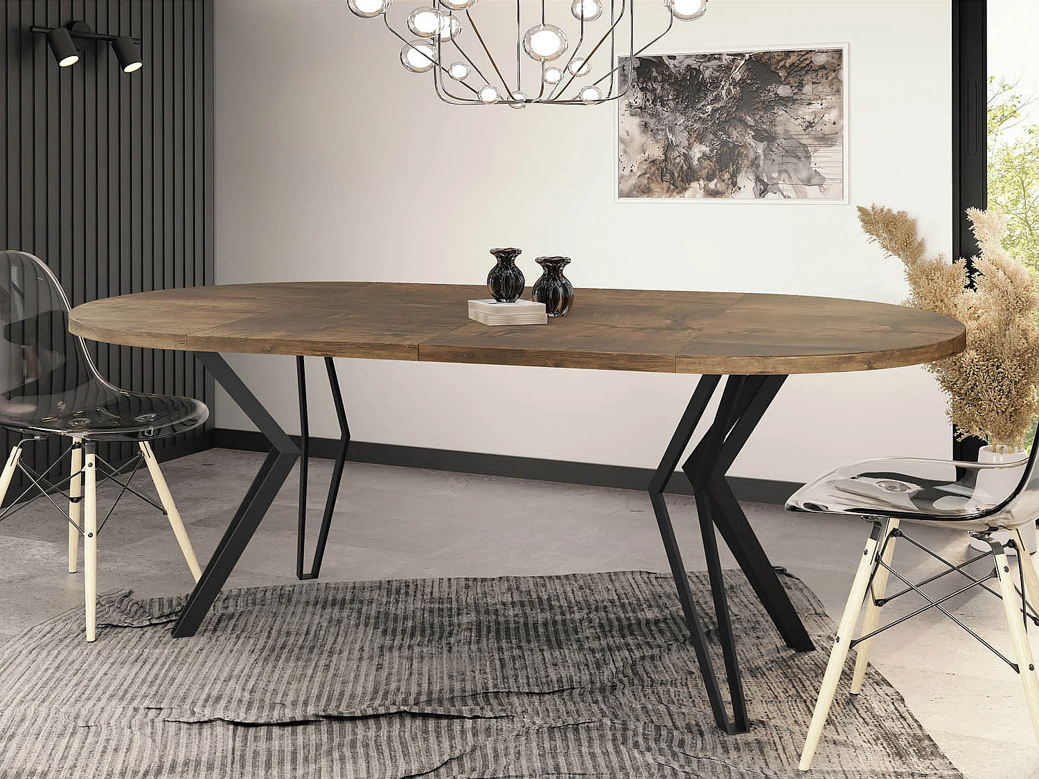 Runder Tisch für das Esszimmer - 100 oder 120 cm Durchmesser - Ausziehbarer Tisch mit Pulverbeschichteten Schwarzen Metallbeinen - 120 cm - Lefkas Eiche