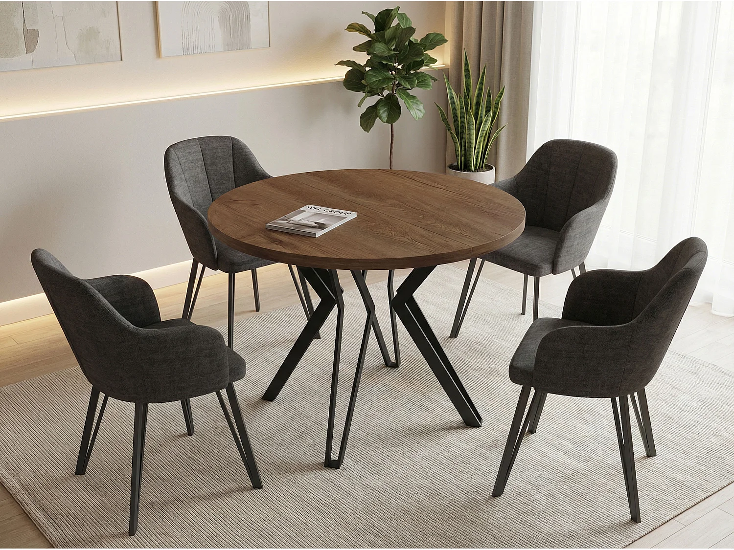 Runder Tisch für das Esszimmer - 100 oder 120 cm Durchmesser - Ausziehbarer Tisch mit Pulverbeschichteten Schwarzen Metallbeinen - 120 cm - Lefkas Eiche