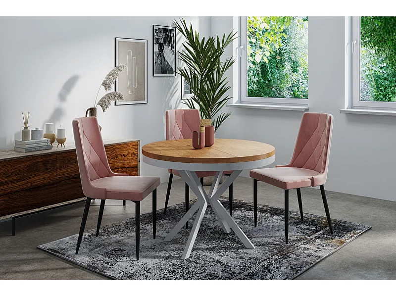 Table à Manger Extensible Ronde - Table Style Loft Avec Pieds en Métal Blancs - 120 à 200 cm - Table Ronde Style Industriel Pour le Salon - 120 cm - Chêne Lancelot