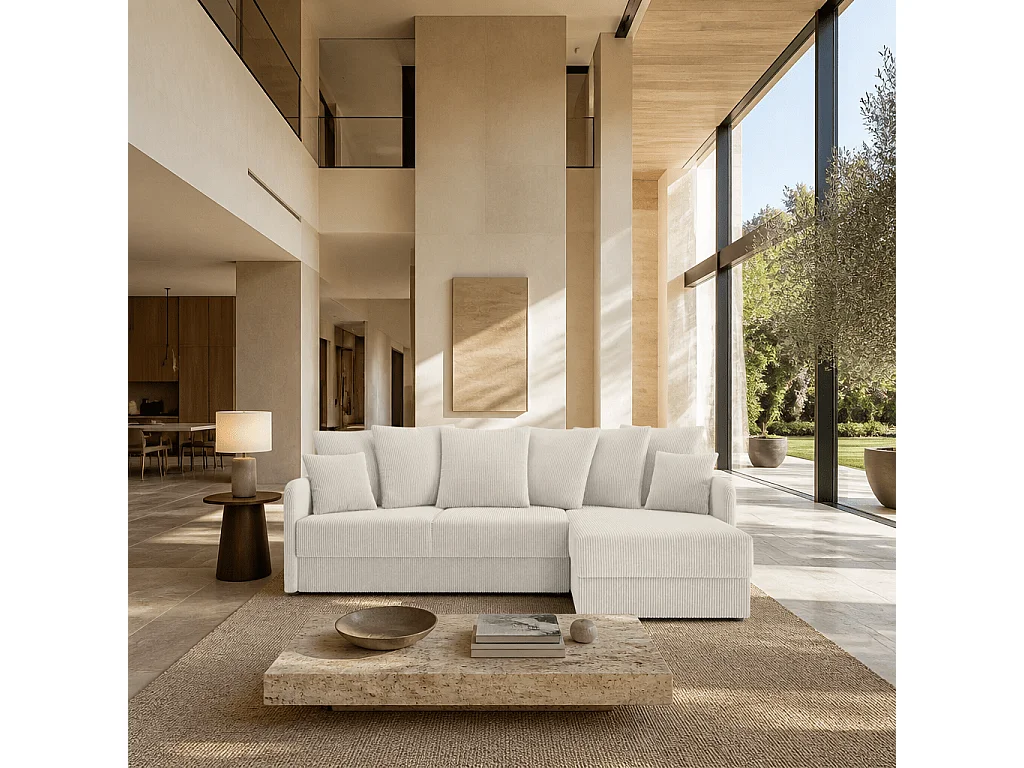 Canapé d'angle réversible convertible 4 places en velours beige