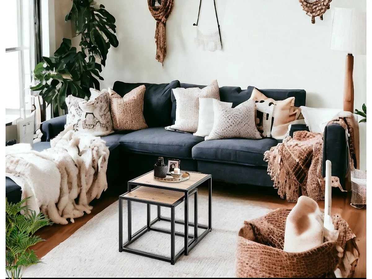 Lot de 2 tables d'appoints en bois  chêne et métal noir