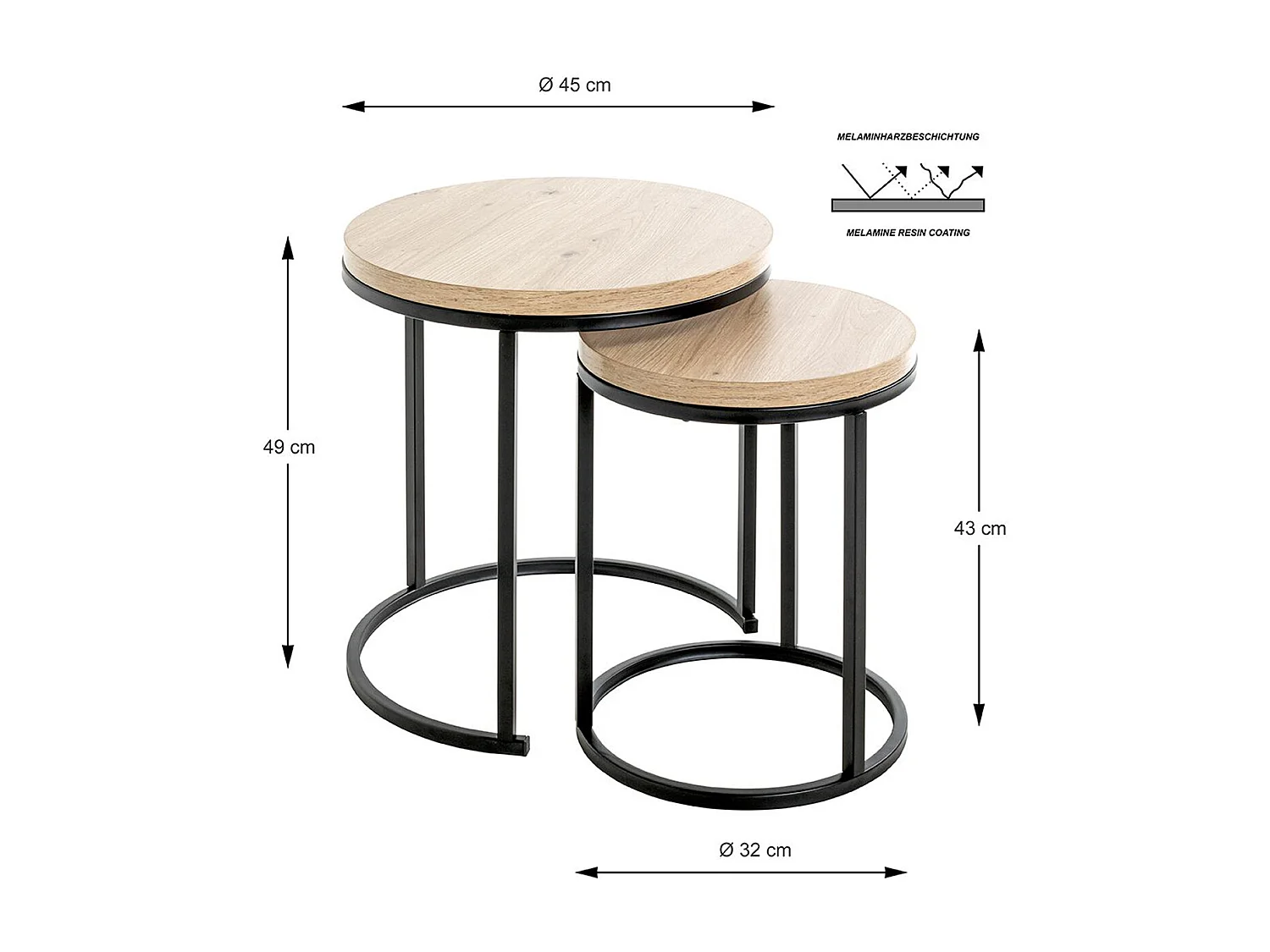 Lot de 2 tables d'appoints en bois coloris chêne et métal noir