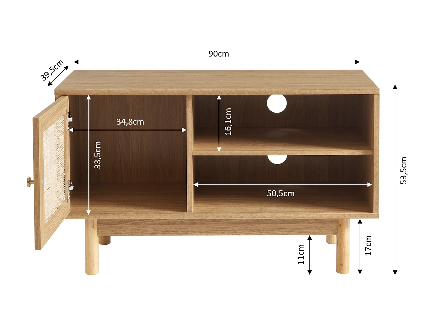 Meuble tv effet chêne et cannage rotin 90 cm ONYX