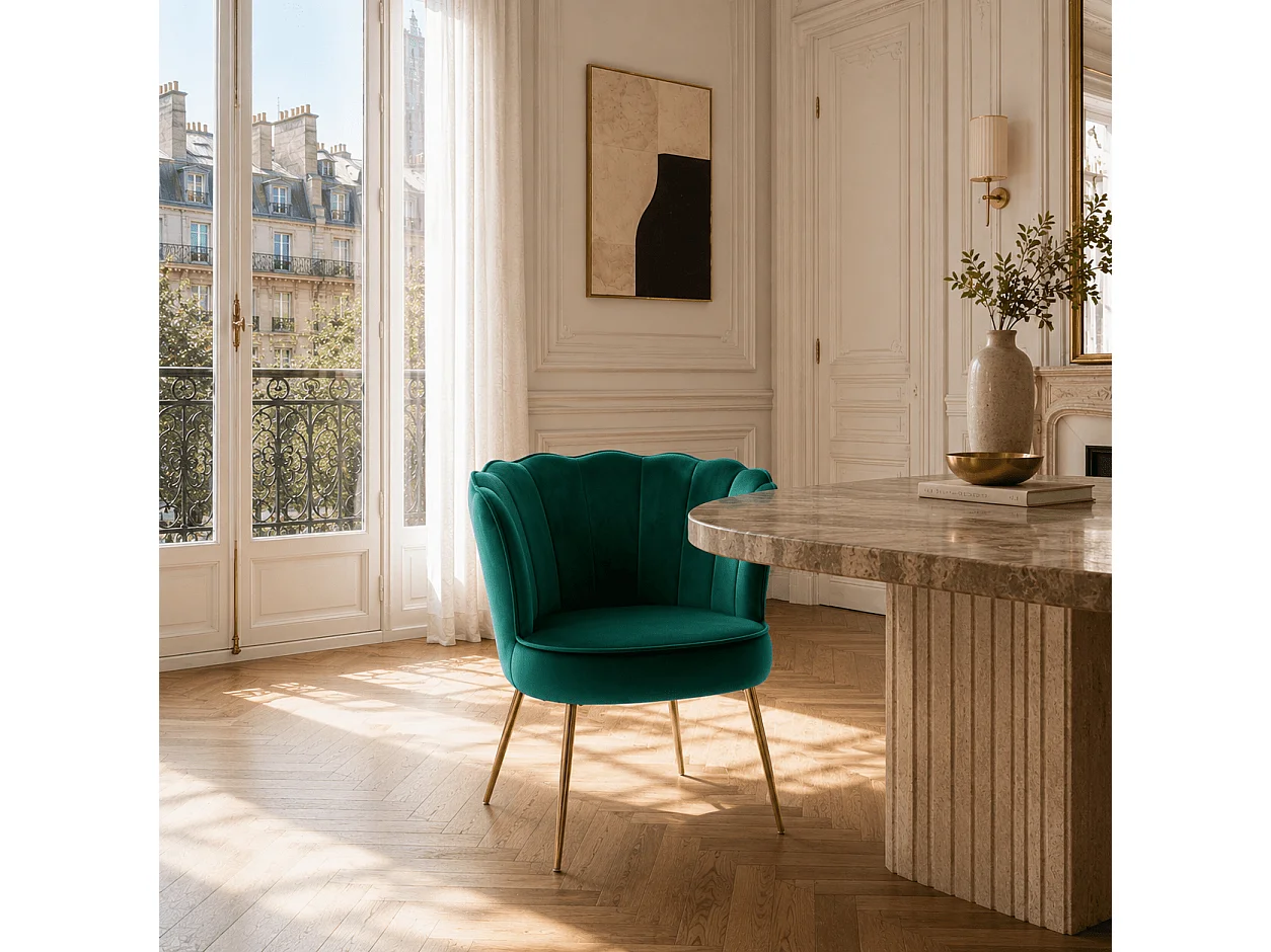 Fauteuil Coquillage en velours avec pieds dores vert sapin PERIDOT