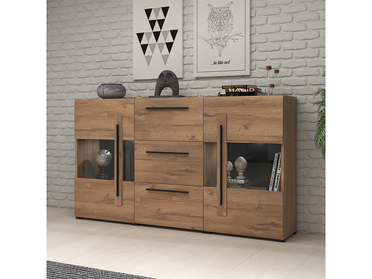 Buffet 2 portes 3 tiroirs avec LED Louis Bois