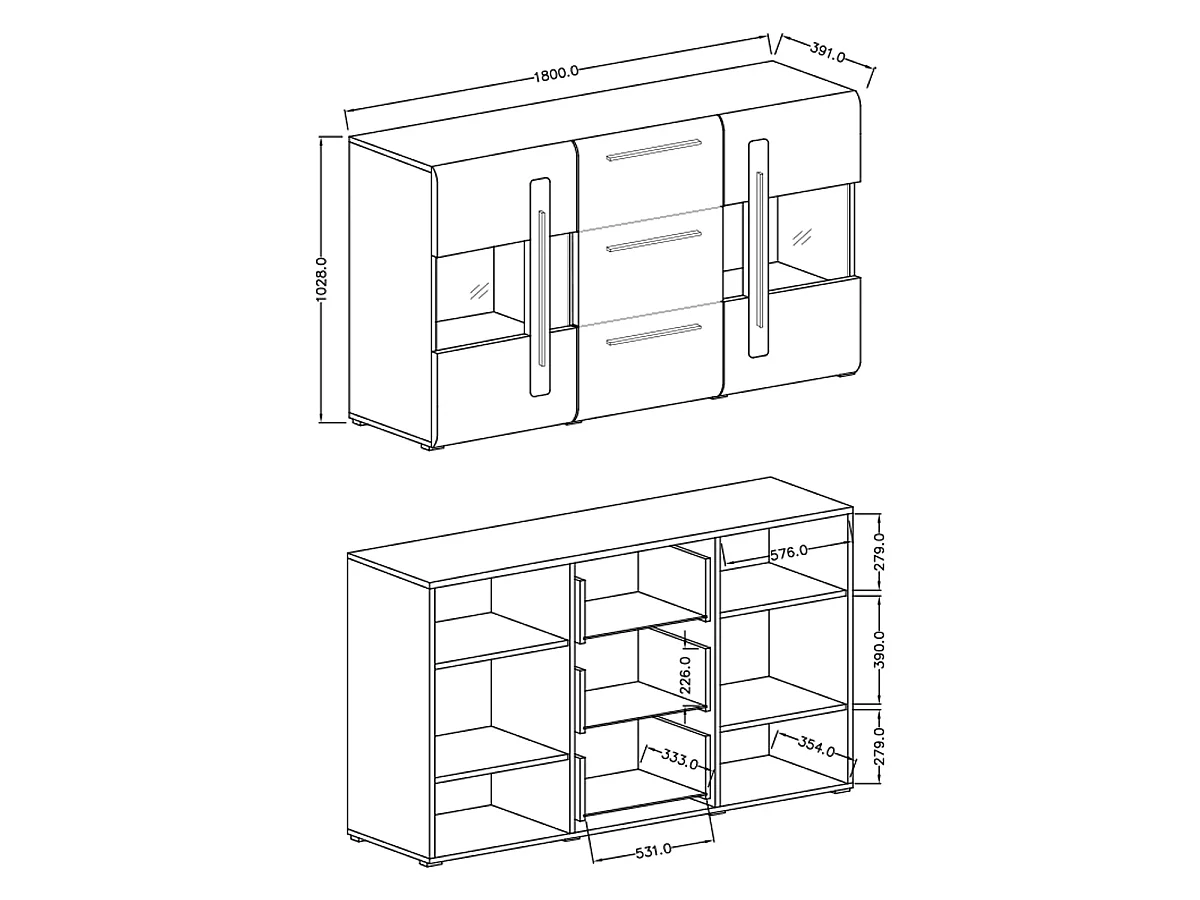 2-door 3-drawer sideboard with LED Louis Bois