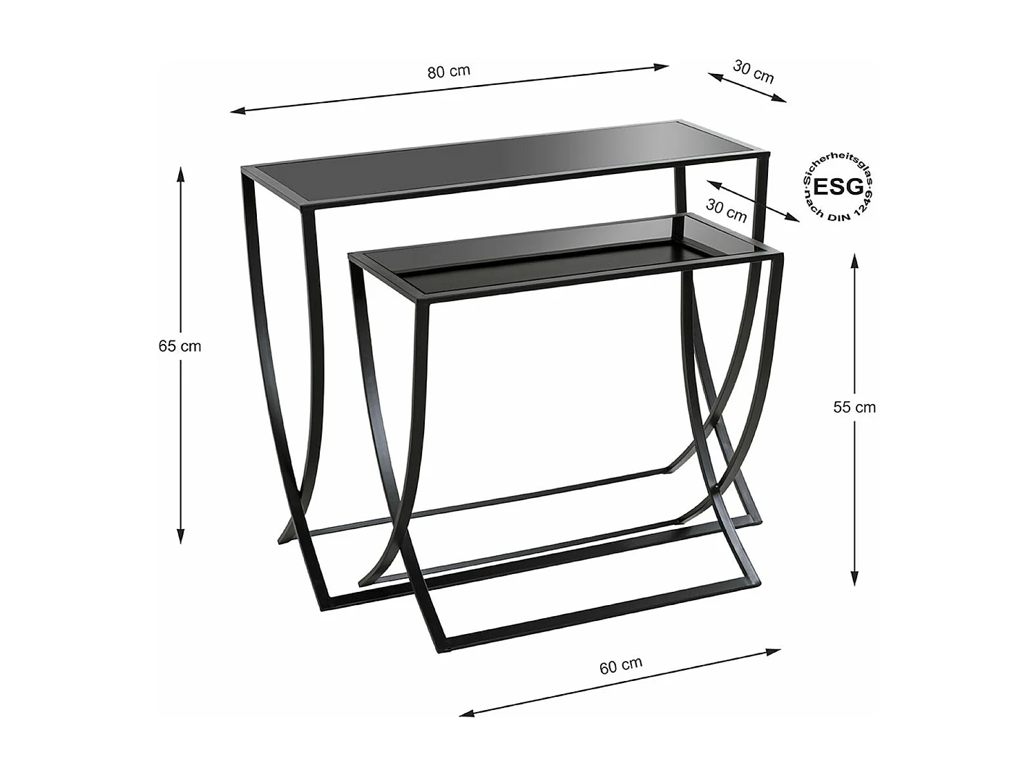 Lot de 2 tables d'appoints en métal, verre trempé coloris noir
