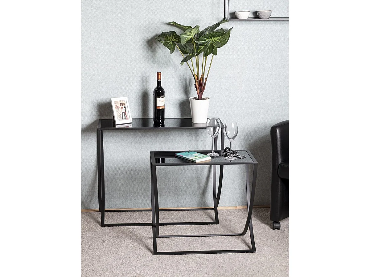 Lot de 2 tables d'appoints en métal, verre trempé coloris noir