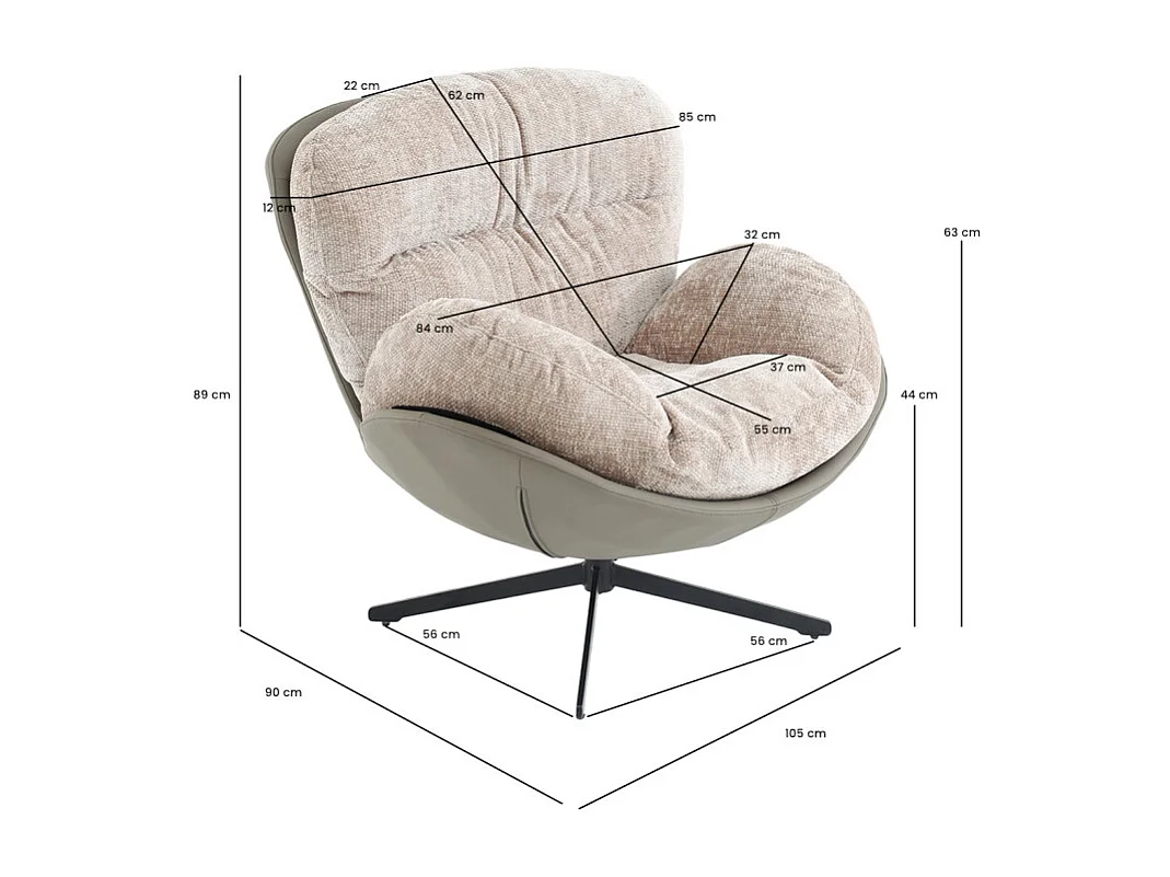 Fauteuil rotatif 360° tissu doux beige et pieds métal noir - CORNELIA