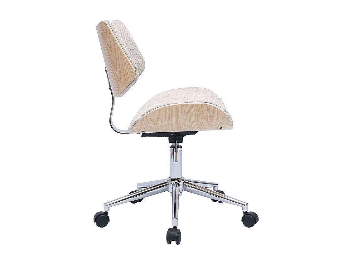 Chaise de bureau à roulettes design en tissu effet velours texturé beige, bois clair chêne et métal MALMO