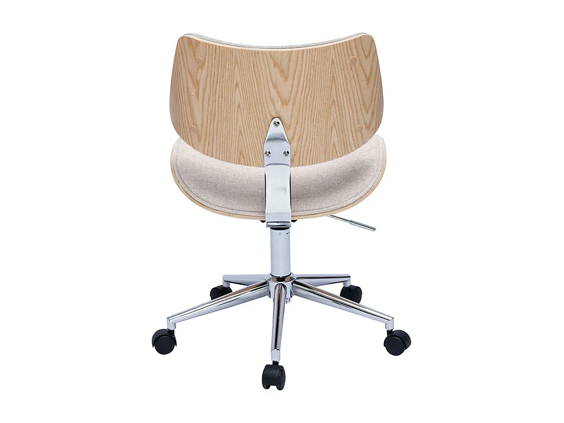 Chaise de bureau à roulettes design en tissu effet velours texturé beige, bois clair chêne et métal MALMO