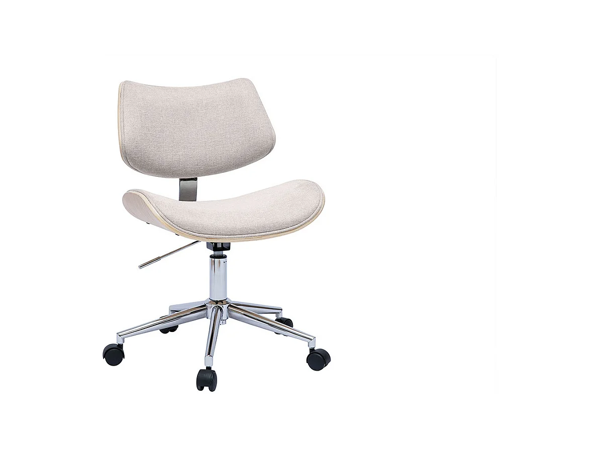 Chaise de bureau à roulettes design en tissu effet velours texturé beige, bois clair chêne et métal MALMO