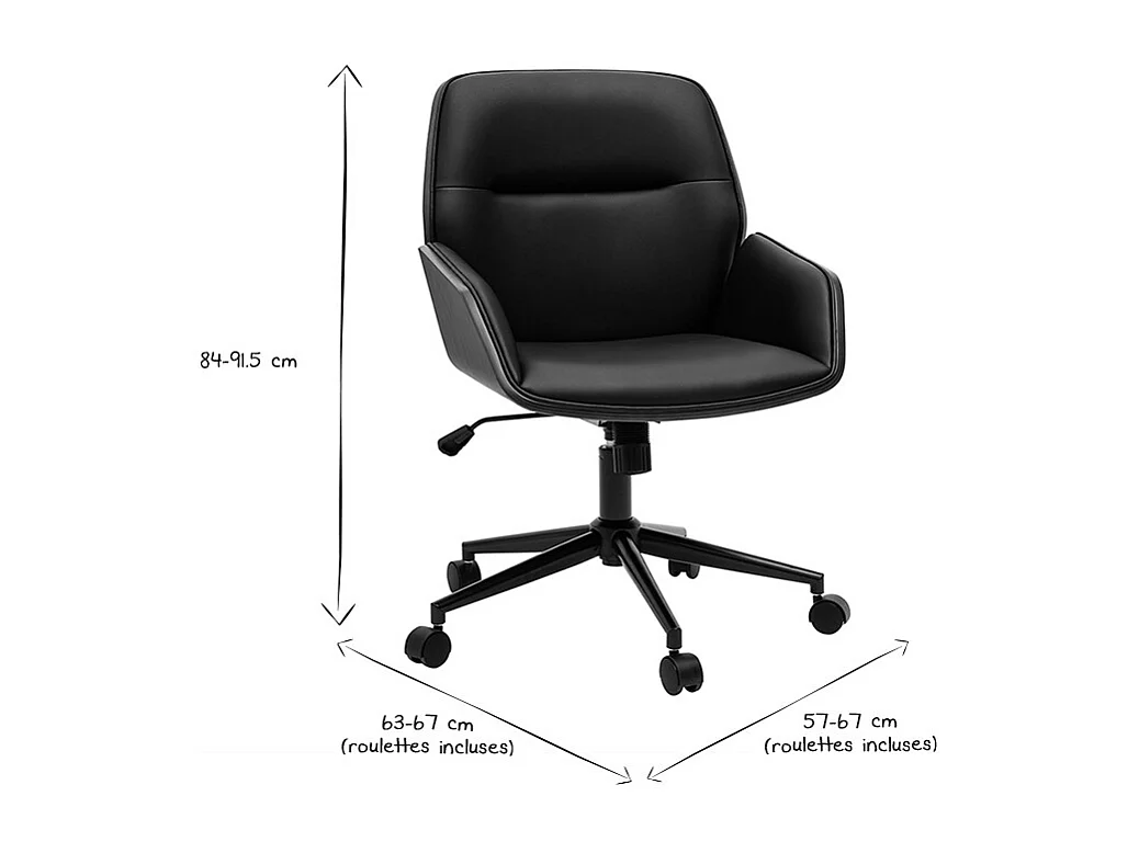 Schwarzer Design-Bürostuhl mit Rollen, dunkles Holz und schwarzes Metall MARLOW