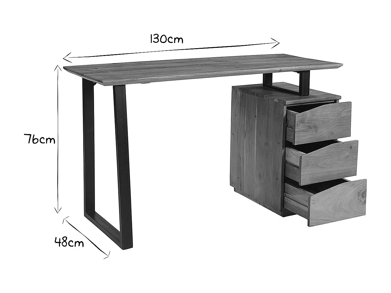 Escritorio de madera de acacia maciza y metal negro 3 cajones 130 cm HORACE
